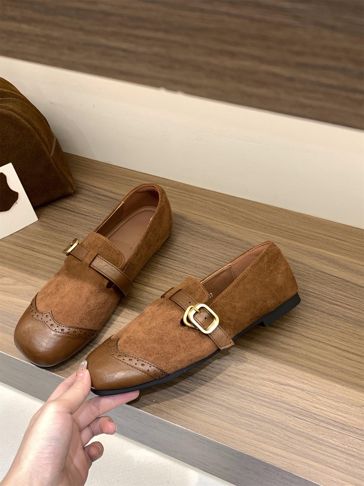 

Flat vintage suede loafers, single shoes, women s shoes, spring and autumn, 2025, black belt buckle, British-style leather shoes 39
