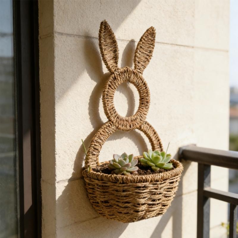 Handwoven Rabbits Ear Shape Flower Basket Natural Rattan Breathable Flower Holder for Home Decors and Storage