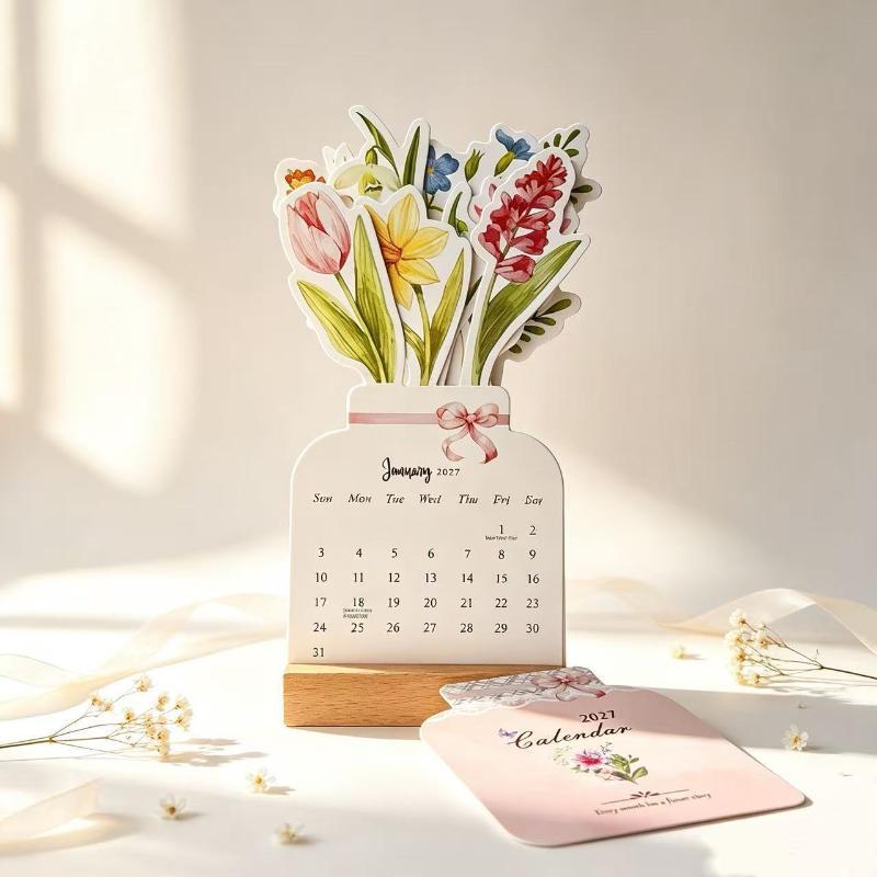 2027 Süße Katze Blühende Blumen Schreibtisch Schreibtischkalender Holzsockel 12 Malerei Kunstkarten Monatsplaner Home Office Schuldekor
