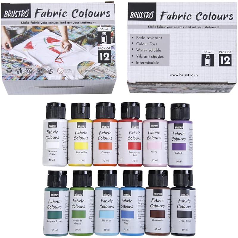 Brustro Artists Fabric Colours - Set Of 12, 30Ml Bottles | High Pigmented Color, Fade Resistent, Intermixable, Permanent