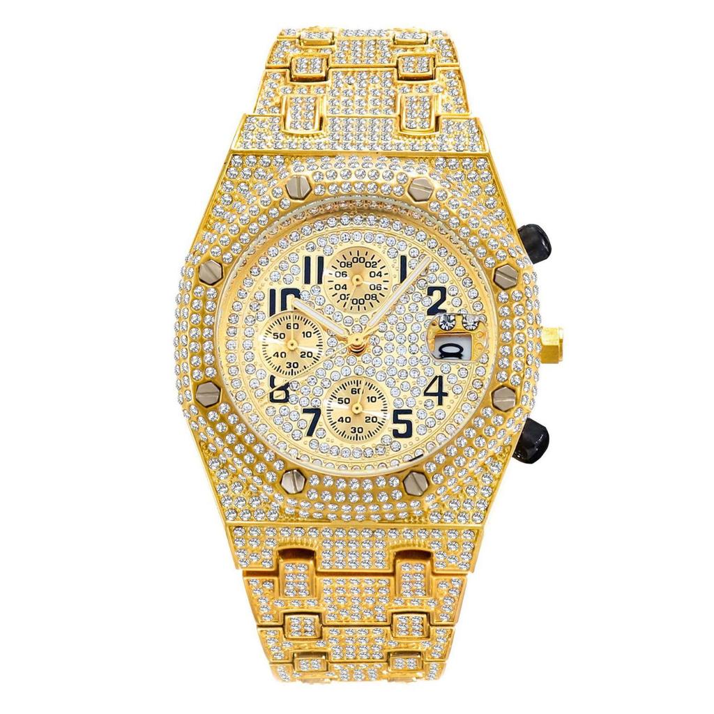 MISSFOX Men's Hip-Hop Fashion Chronograph: Full-Diamond Three-Eye Small Dial Sport Watch