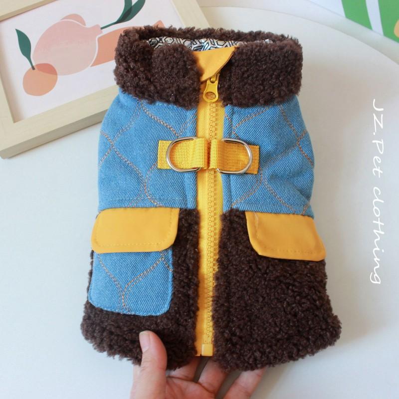 Thick Denim Dog Sweater Small Breeds Winter Warm Cotton Pet Clothing With Leash Hole