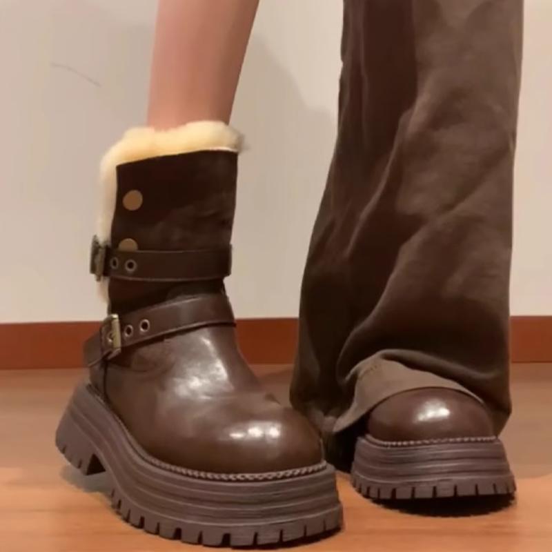 Mode Winter Warm Fellige Dicke Absätze Damen Stiefeletten Halten Mode Gürtelschnalle Kurze Stiefeletten Schuhe Zapatos Mujer