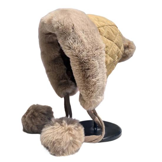 Women Quilted Hat Winter Padded Warm Hat with Cute Pom Pom Ear Protection Fuzzy Hat with Drawstring for Autumn Winter Street Daily Wear