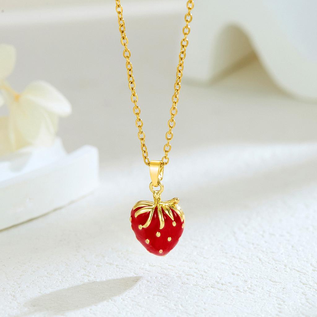 New Sweet and Cute Dripping Oil Strawberry Cherry Titanium Steel Necklace Female Simple Versatile Fruit Series Collarbone Chain