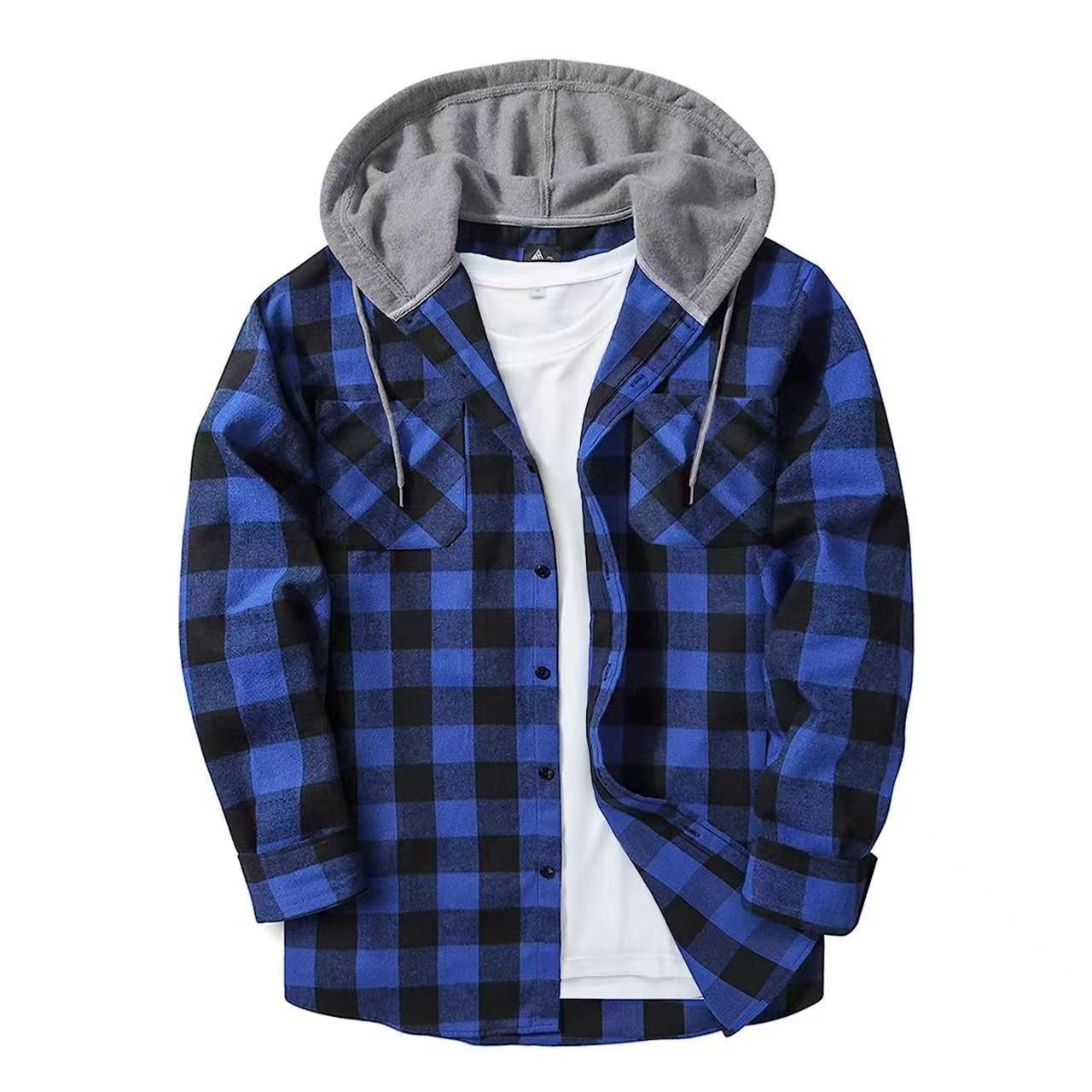 

Autumn Men s Casual Fashion Couple Hooded Plaid Long Sleeve Shirt Trend XS червоний