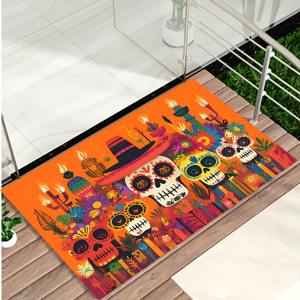 1pc Day of the Dead Inspired Rug – Colorful Skull Design, Festive Mat for Living Room, Entryway Decor Decoration Floor Mat