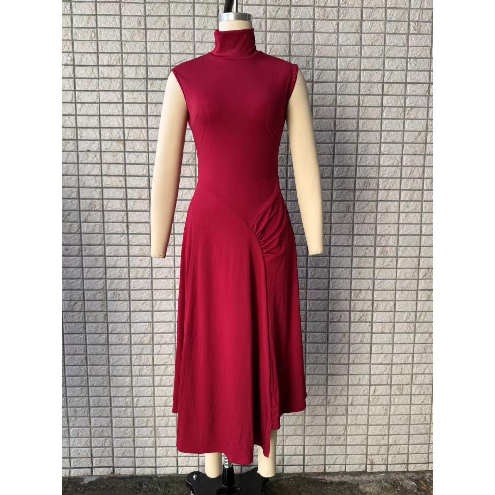 Women's Turtleneck Sleeveless Maxi Dress Slim Fit High Waist Solid Ruched Mermaid Casual Dress