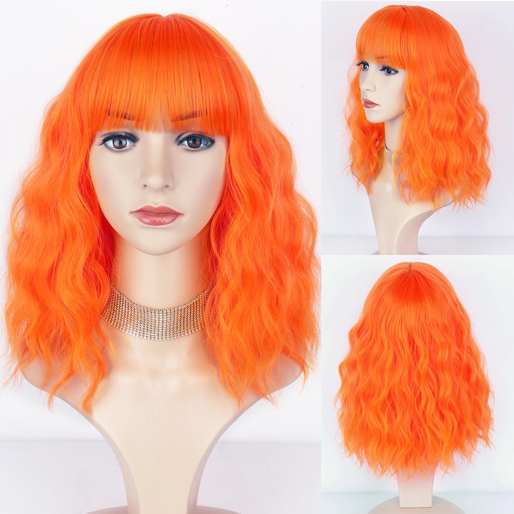 MISS WIG Short Bob Wavy Synthetic Wig For Women With Bangs Blonde Ombre Medium Wig Heat Resistant Fiber Hair Party Cosplay