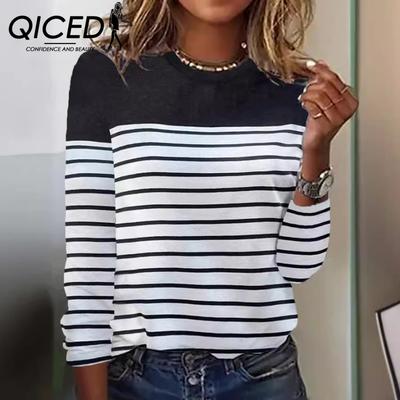Outono Inverno Manga Comprida Listrado Duas Cores Estampado Patchwork Gola O Top Camiseta