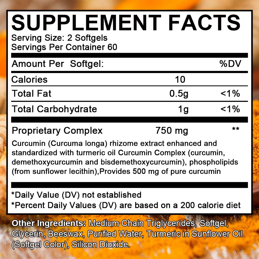 Capsule di curcumina ad alta purezza + estratto di pepe nero 750mg, 120 Capsule