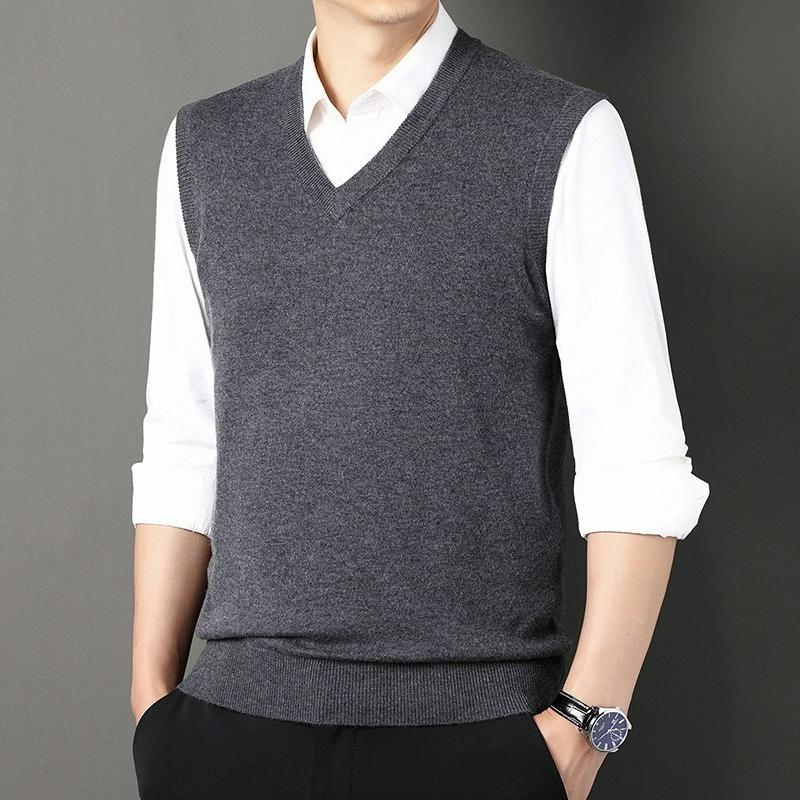 Wool Men's Autumn and Winter Thickened Vest Sleeveless Chicken Heart Collar Sweater Wool Vest Men