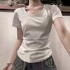 American Slim-fit Short-sleeved Inner with New Round Neck Front Shoulder Hong Kong Flavor Top Design Sense-shirt Women