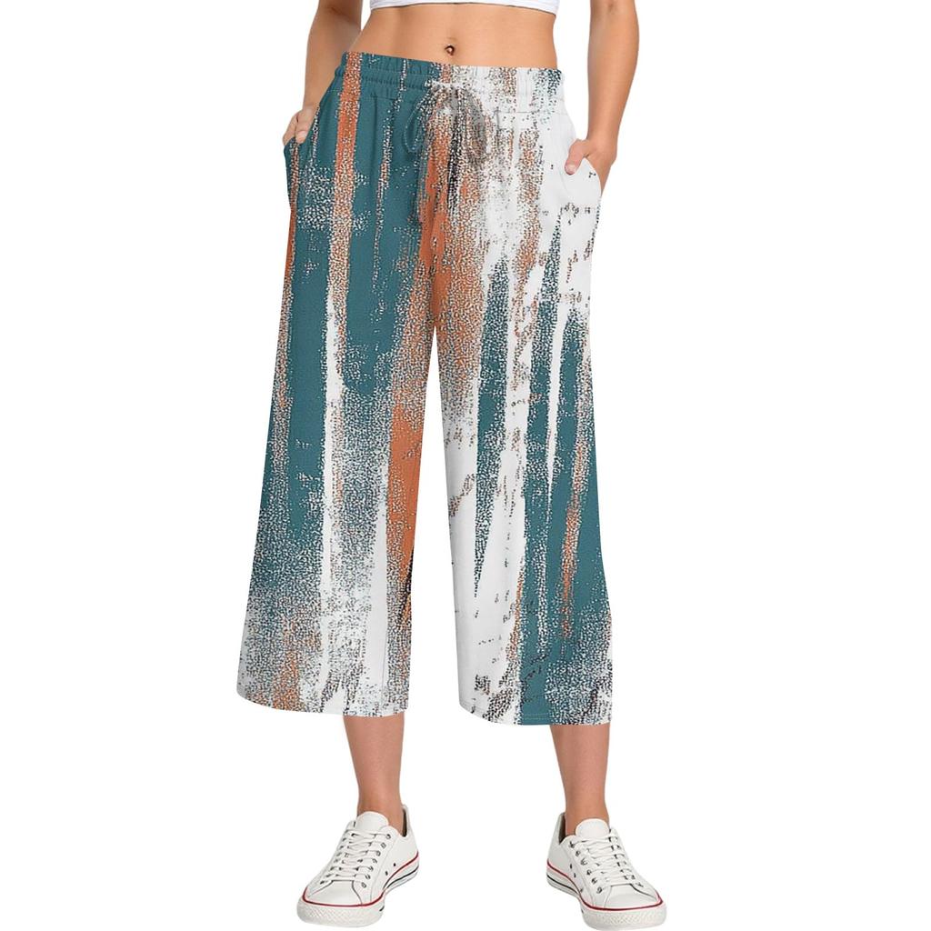 Damen Sommer Hohe Taille Bedruckte Freizeit-Sportbekleidung Lässige Cropped-Hose Weite Hose