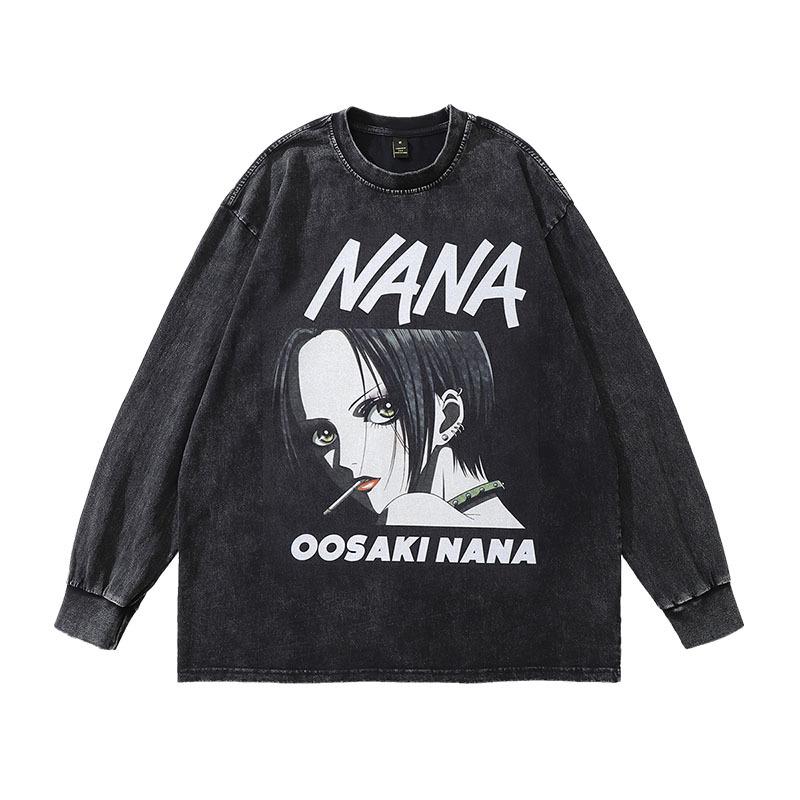 Trendy Brand Harajuku Y2K Cartoon Print Washed Long-Sleeved T-Shirt Men'S Oversize Retro Couple Bottoming Top