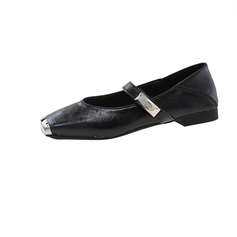French metal square head shallow mouth single shoes women's 2025 spring new retro one-word belt Mary Jane soft-soled small leather shoes