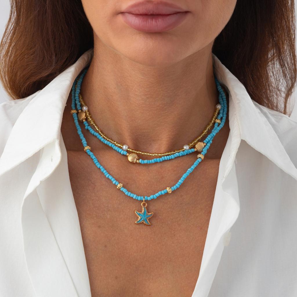 Ocean Wind Red Coral Conch Pendant Long Necklace, Creative Imitation Pearl Starfish Chain Necklace