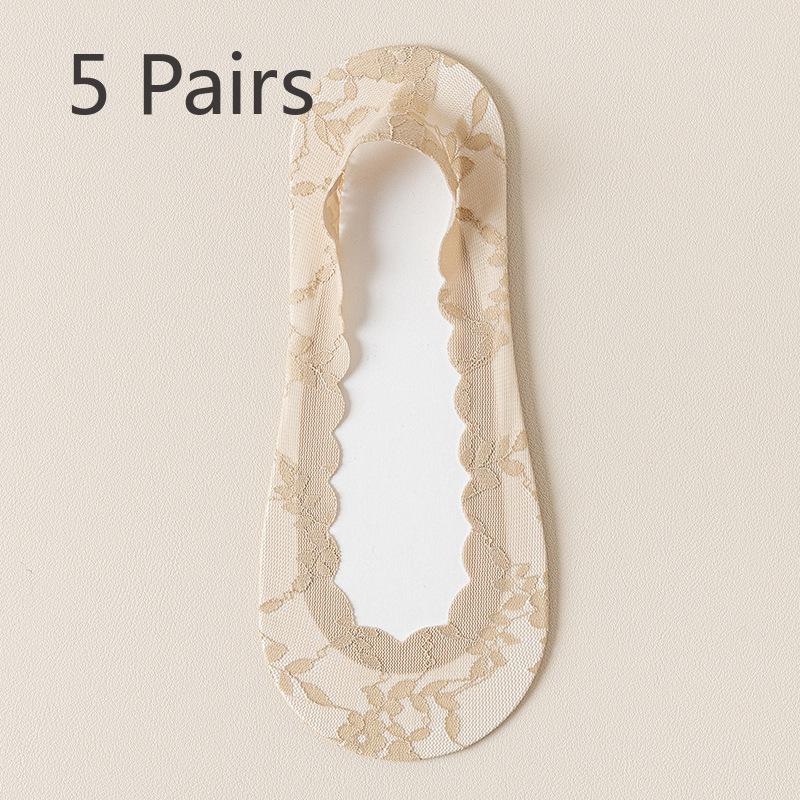 5 Pairs of Women's Spring Summer Thin Cotton Sole Lace Non Slip Boat Socks