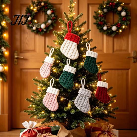 Xmas Tree Hanging Ornaments Christmas Tableware Holder, Knitted Stockings Spoon Knife Fork Mini Bag for Fireplace, Tree, Holiday Party Dinner