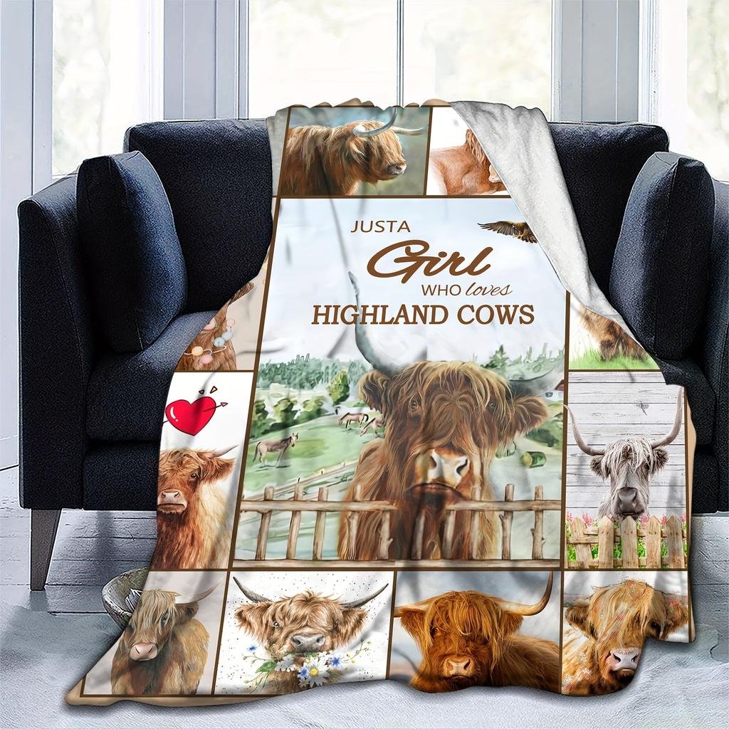 1pc Cow&Flower Printed Flannel Blanket, Cozy Soft Throw Blanket for Couch Bed Sofa Camping Travelling