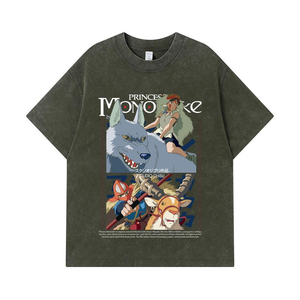 275 GSM Washed T-shirts 100% Cotton Ghibli V4 Princess Mononoke Print Unisex Heavy Cotton T Shirt S