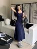 Summer popular coffee break French square neck short sleeve slim waist temperament A-word jumpsuit long skirt