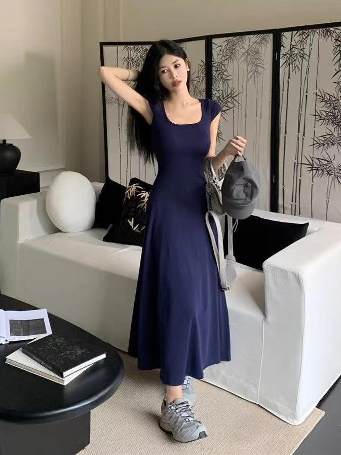 Summer popular coffee break French square neck short sleeve slim waist temperament A-word jumpsuit long skirt