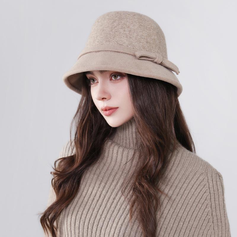 Hepburn Style Wool Hat for Women In Autumn and Winter New French Retro Bow Basin Hat Elegant Warm Fisherman Hat