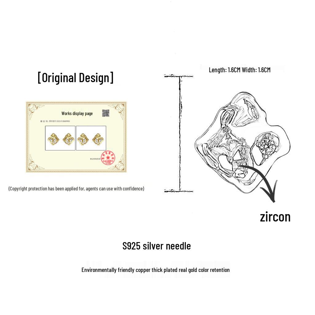 Náušnice čtvercové geometrické zirkonové pecky z 18K zlata - Nepravidelný luxusní design pro ženy