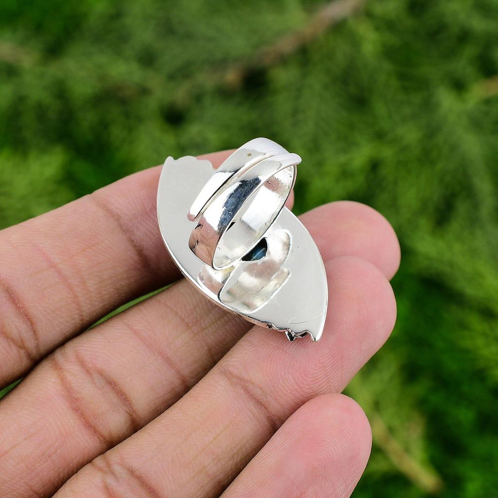 Natural Labradorite Gemstone Multi Stone Flower Blue Adjustable Ring 925 Silver