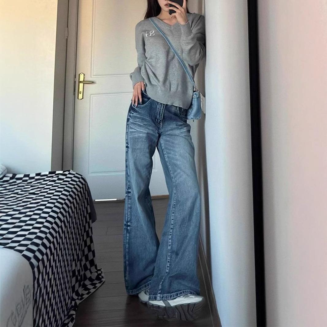

Loose Creases Design Sense of High-waisted Micro Flare Jeans Female Not To Stick To The Leg of The Vintage Skinny Wide-legged Pants Retro Jeans 4XL