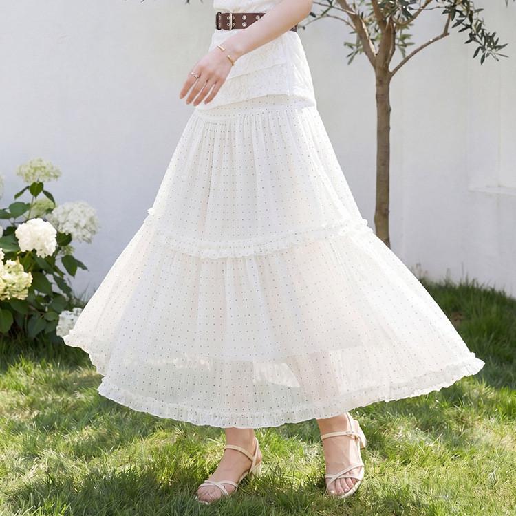 Qooth Polka Dot Print Ruffle Hem Full Flare A-Line Midi Skirt Fashion Versatile Half Skirt for Women QT2915