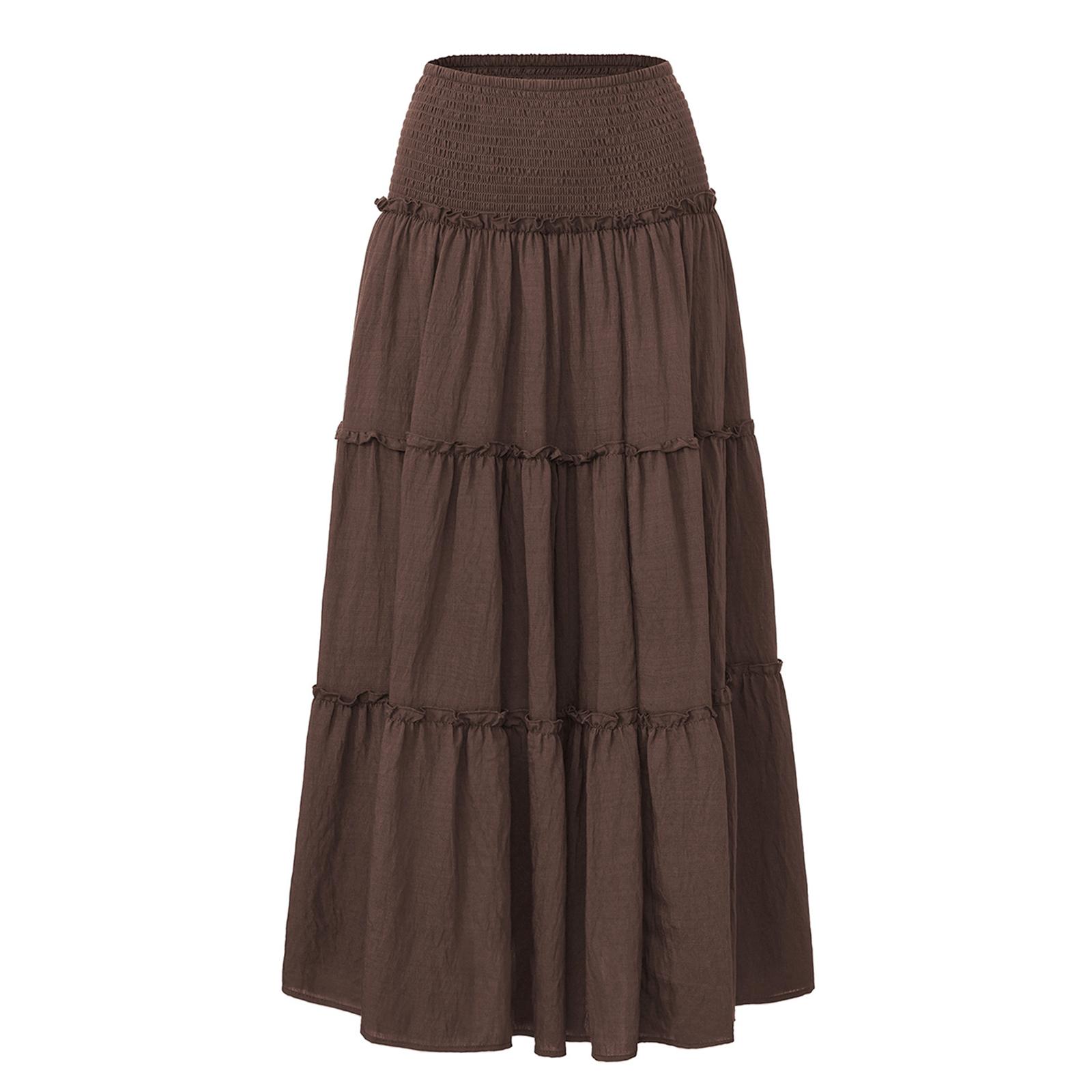 

Women s Fashion Pleated Floral Print Elastic Waist Loose Splicing A Line Pocket Skirt XL коричневий
