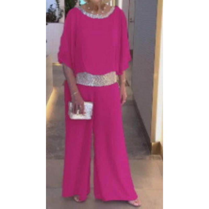 YYFS Damenmode Casual Frühling Herbst Einfarbig Druck 1/2 Ärmel O Hals Hosen Hosen Anzüge