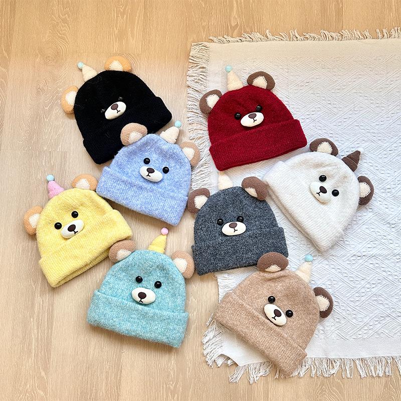 Autumn and Winter Children's Hats Cute Bear Wool Knitted Hat Double Layer Warm and Cold-proof Ear Protection Hat Pullover Woolen Hat