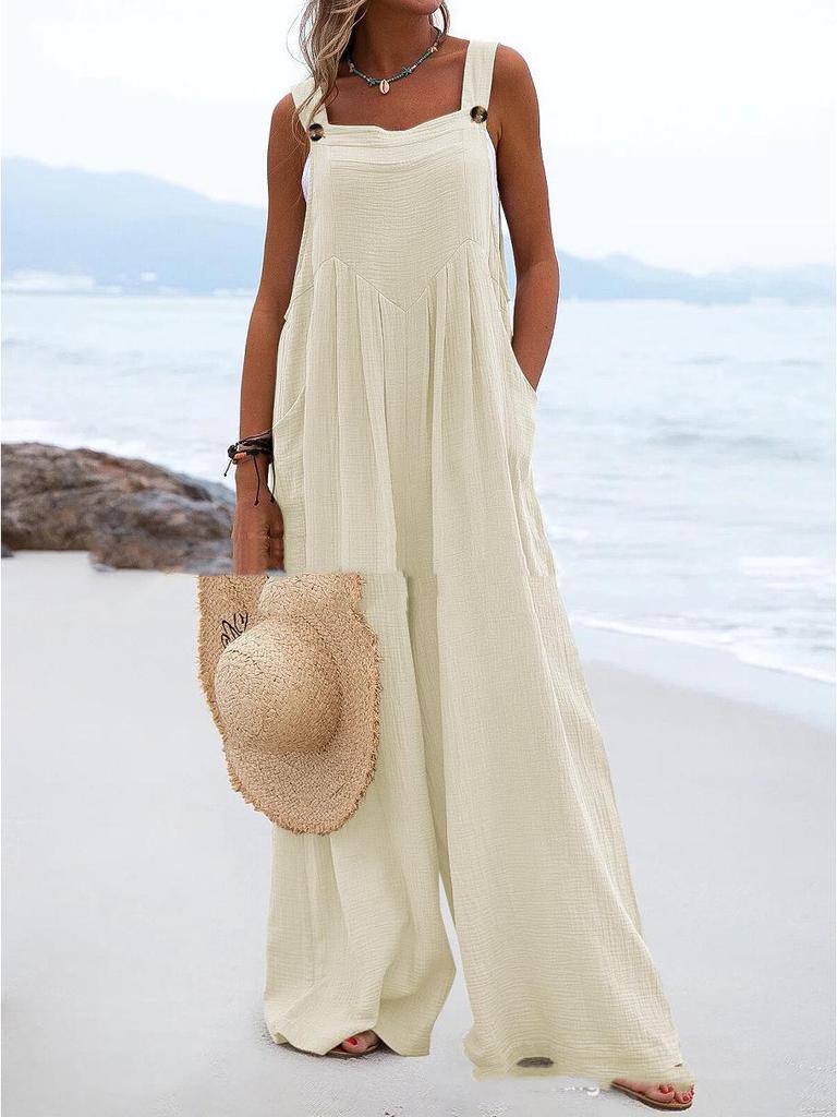 2024 Women's Ethnic Style Sleeveless Wide-Leg Button Jumpsuit