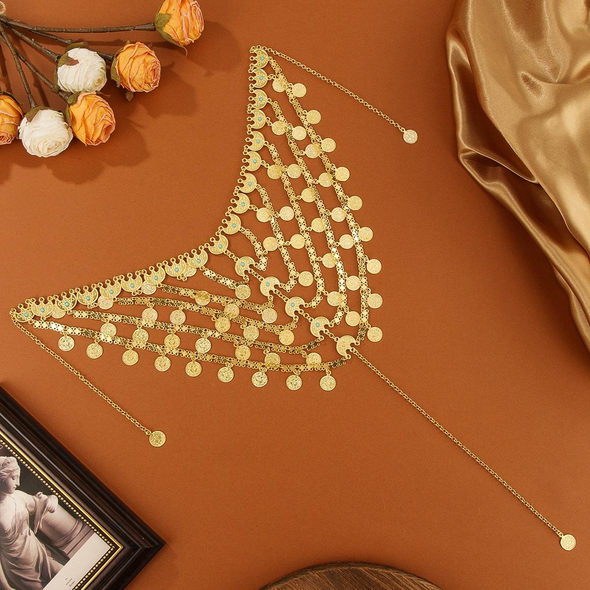 

Арабский свадебный головной убор с золотой бахромой и пайетками, цепочка для головы, аксессуары для выступлений на сцене, этнический стиль, дорожный фоточехол для головы