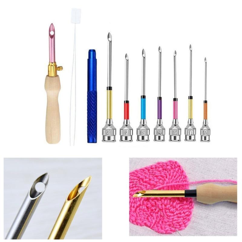 Punching Needle Tool Adjustable Wood Handle Punching Needle Embroidery Tool with 7 Size Punching Needle Tip and Threader