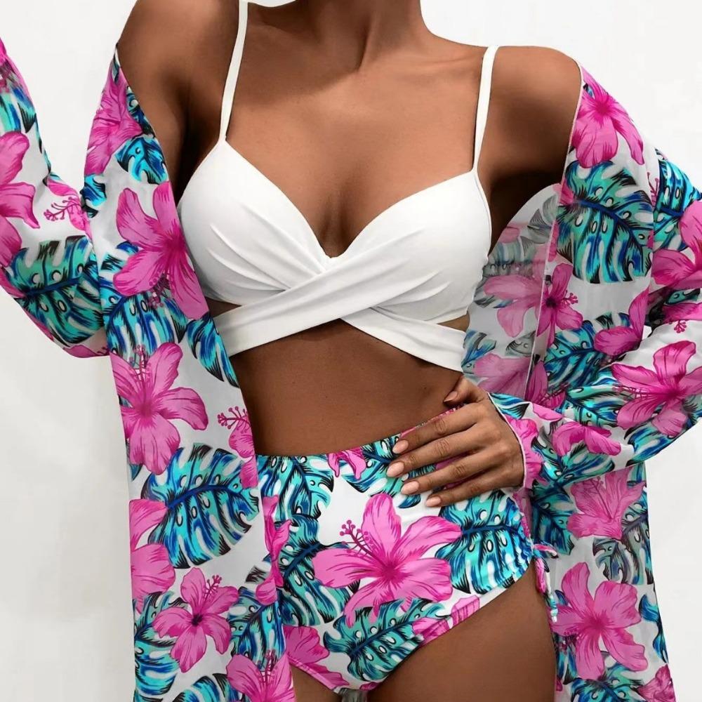 European and American Bikini Sexy Push Up Mesh Three-Piece Printed Split Swimsuit