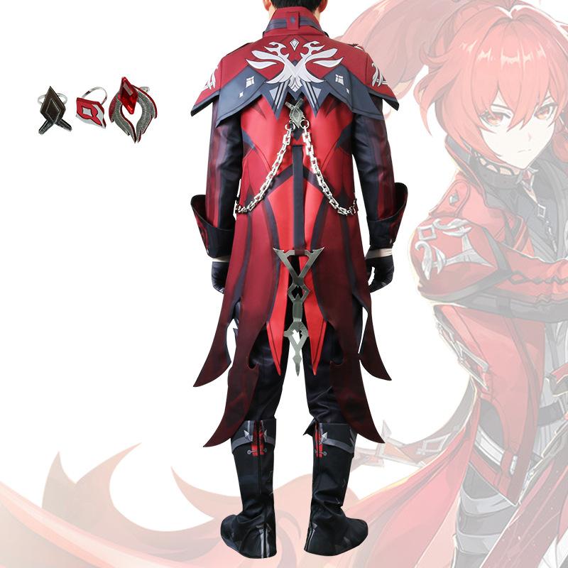 New Game Diluc New Costume Full Set Red Coat Pants Unisex Adult Game Cosplay Costume Halloween Party Unifrom Wig