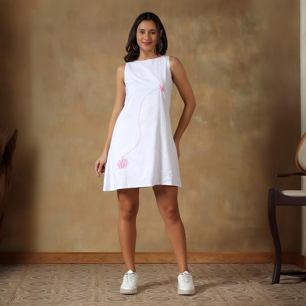 White Cotton Sleeveless Mini Dress | Loose Relaxed Fit Casual Dress, Resort Holiday & Beach Cover Up, Handmade