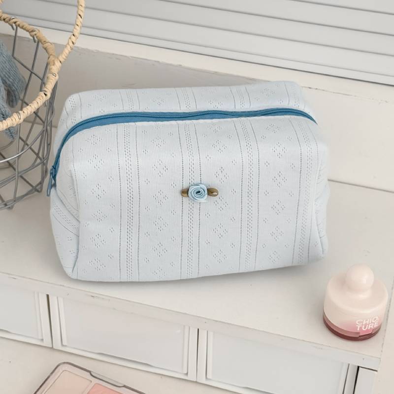 Small Rose Knitted Cotton Octagonal Makeup Storage Bag With Waterproof Design For Daily Use