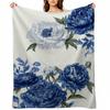 A Stylish And Cute Blanket Featuring Blue And White Porcelain Peonies, Perfect for a Nap, Office Use, Or As a Car Blanket. Ideal