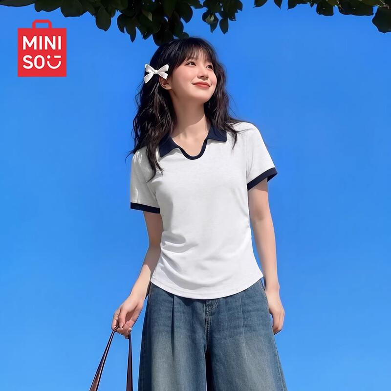 

MINISO Women s Faux Two-Piece Short-Sleeve Polo T-shirt L