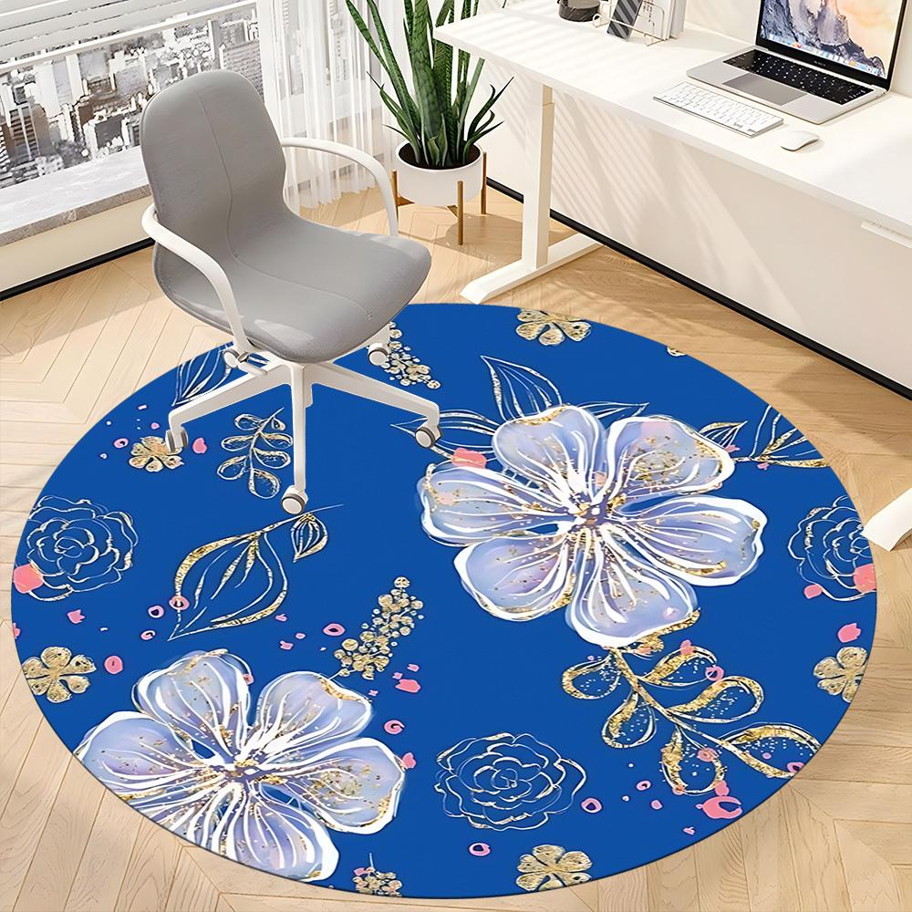 1pc Floral Blue Pattern Office Round Rug, Non-slip, Soft and Durable Office Rug for Interior Decoration, Perfect for Office, Beautiful Decoration yy26
