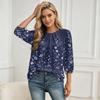 Women Floral Print 3/4 Sleeve Round Neck Pleated Casual Blouse Top Lightweight Comfortable Fit