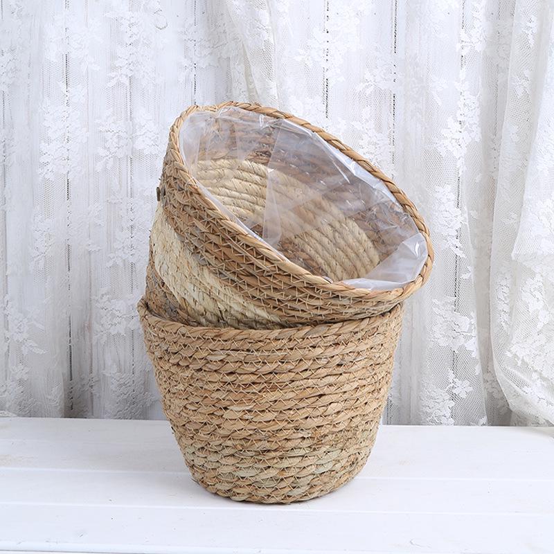 Rattan Woven Flower Basket for Home and Balcony Decor with Green Plants