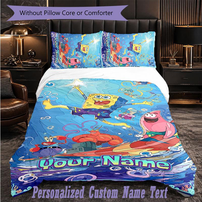 Personalized 3Pcs Bedding SetSpongeBob Custom Text Duvet Cover Pillowcase Set Bedroom Gift
