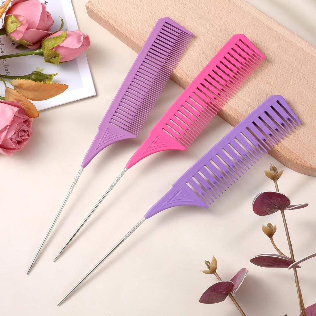 3 Pieces Foiling Comb for Highlighting, 3 Piece Colorful Rat Tail Comb Highlight Weaving Combs for Highlighting Metal Long Steel Pin Hair Dye Combs
