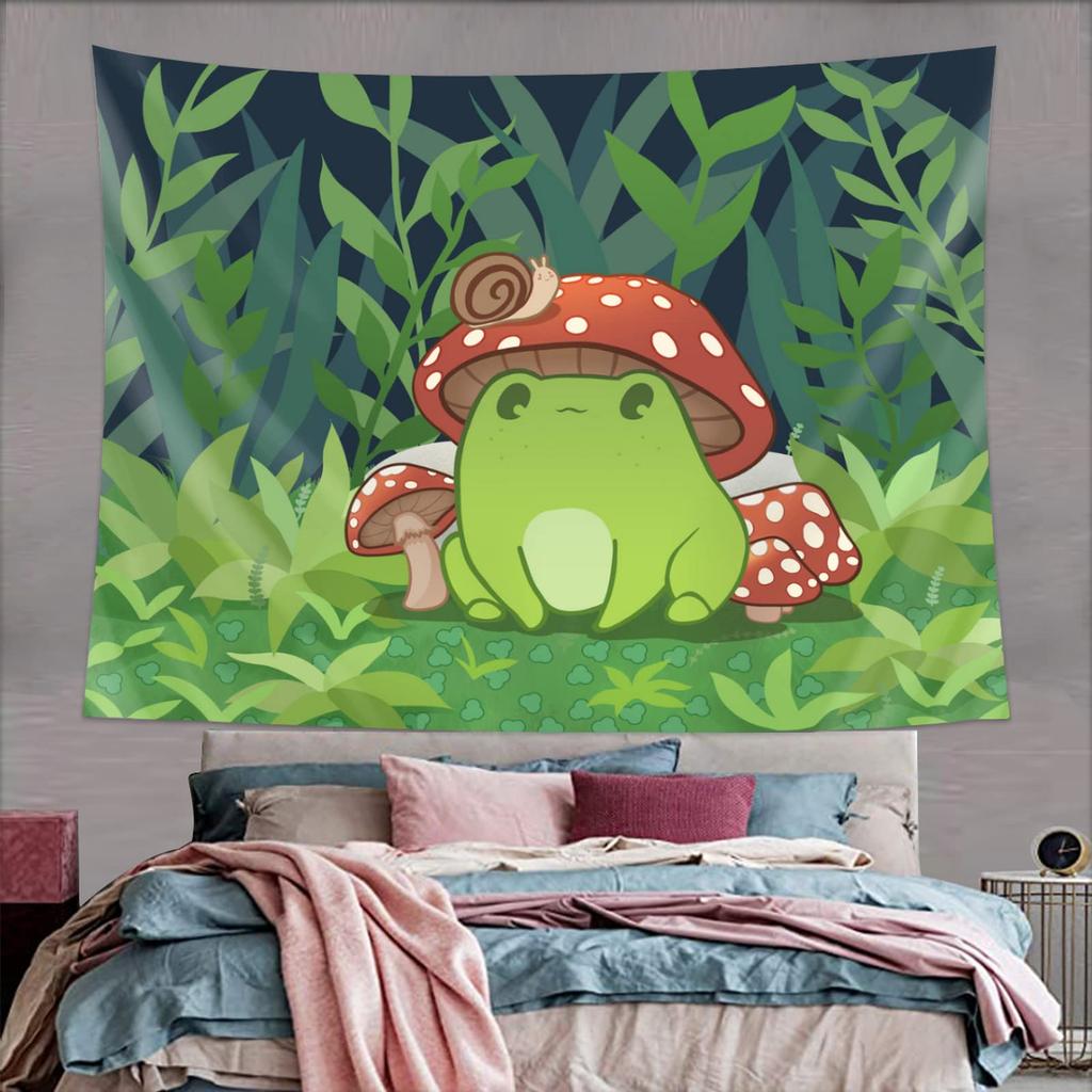 Cute Frog Tapestry Mushroom Tapestries Cartoon Animal Wall Hanging Tapestry for Girl Teen Funny Bedroom Living Room Dorm Decor